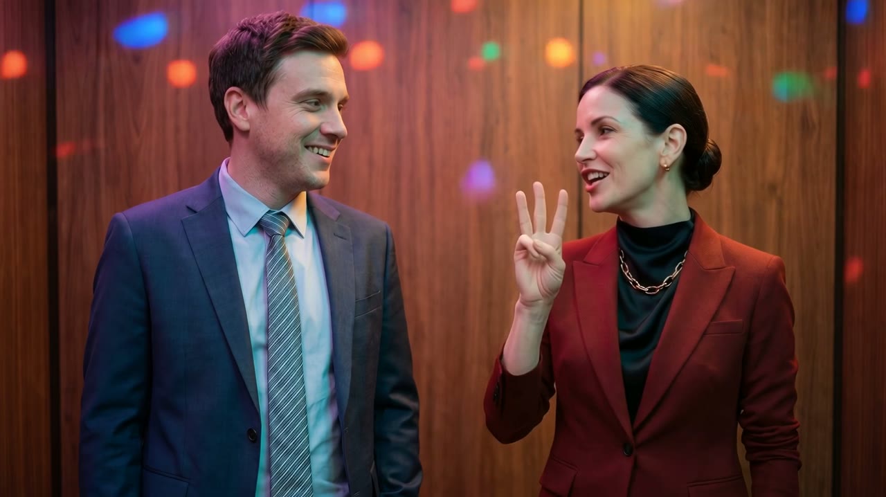 A senior executive in a red blazer holds up three fingers to her junior colleague in an elevator